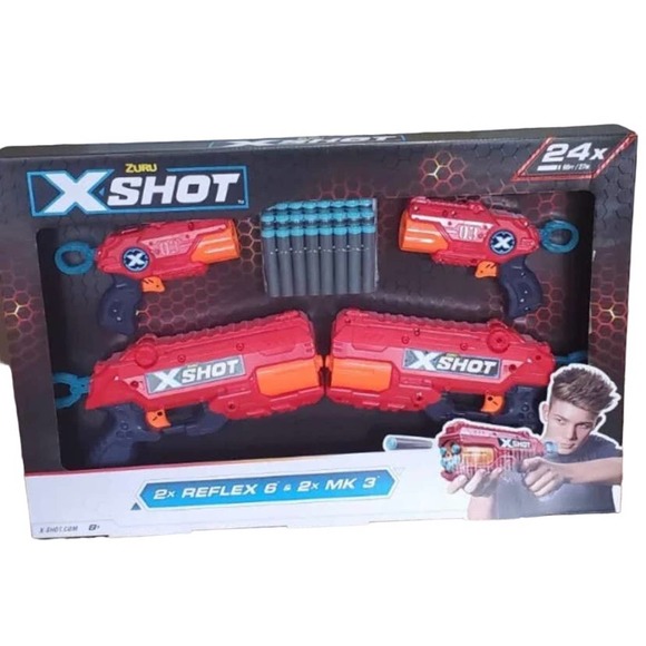 Zuru X-Shot 4 Gun Bundle -  2x Reflex 6 & 2x MK 3 with 24 Foam Darts NEW - Picture 1 of 4